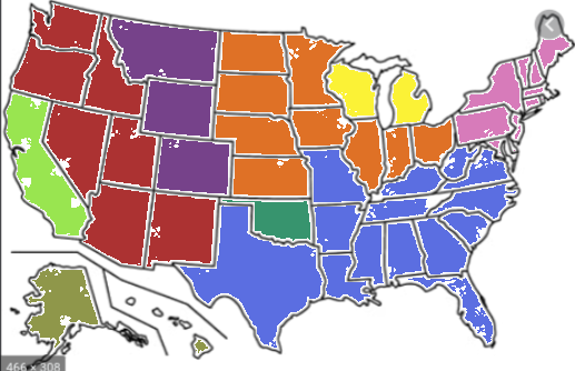 (orange:up-west)(blue:yee-yee)(light purple:smart)(Yellow:wisconson and michigan region)(dark purple:mountain)(dark green:oklahoma)(lime green: l.a.)(olive green: not states)
